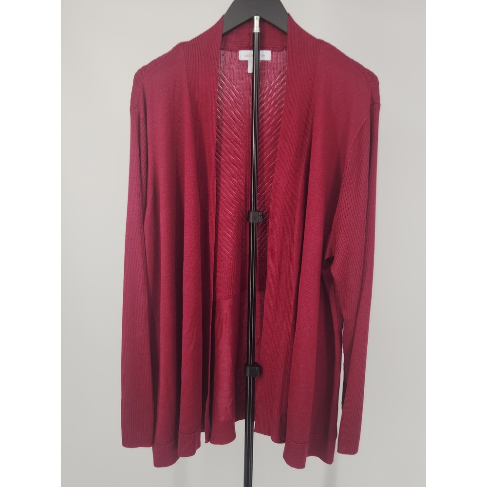 Liz Claiborne Womens 2X Burgundy Red Open Front Pointelle Chevron Cardigan
